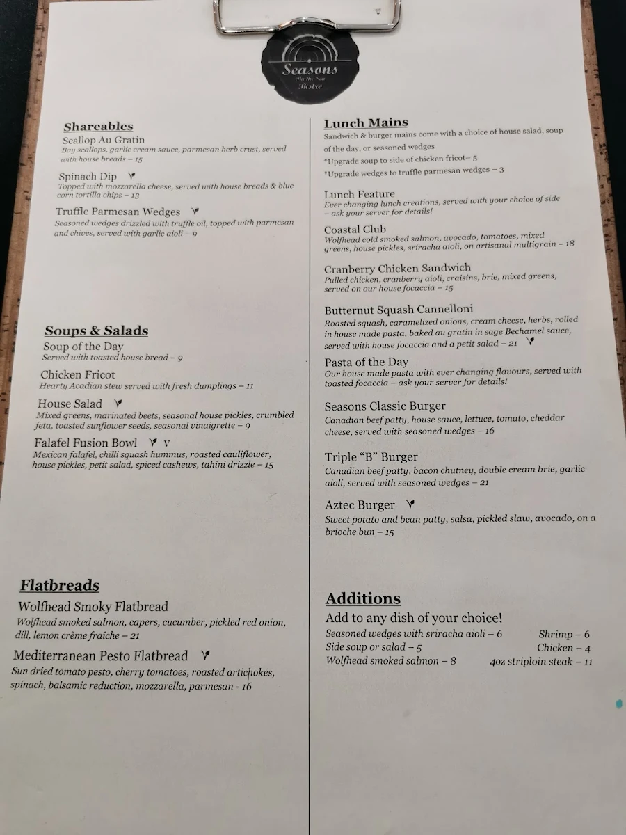 Menu, Seasons By the Sea Bistro