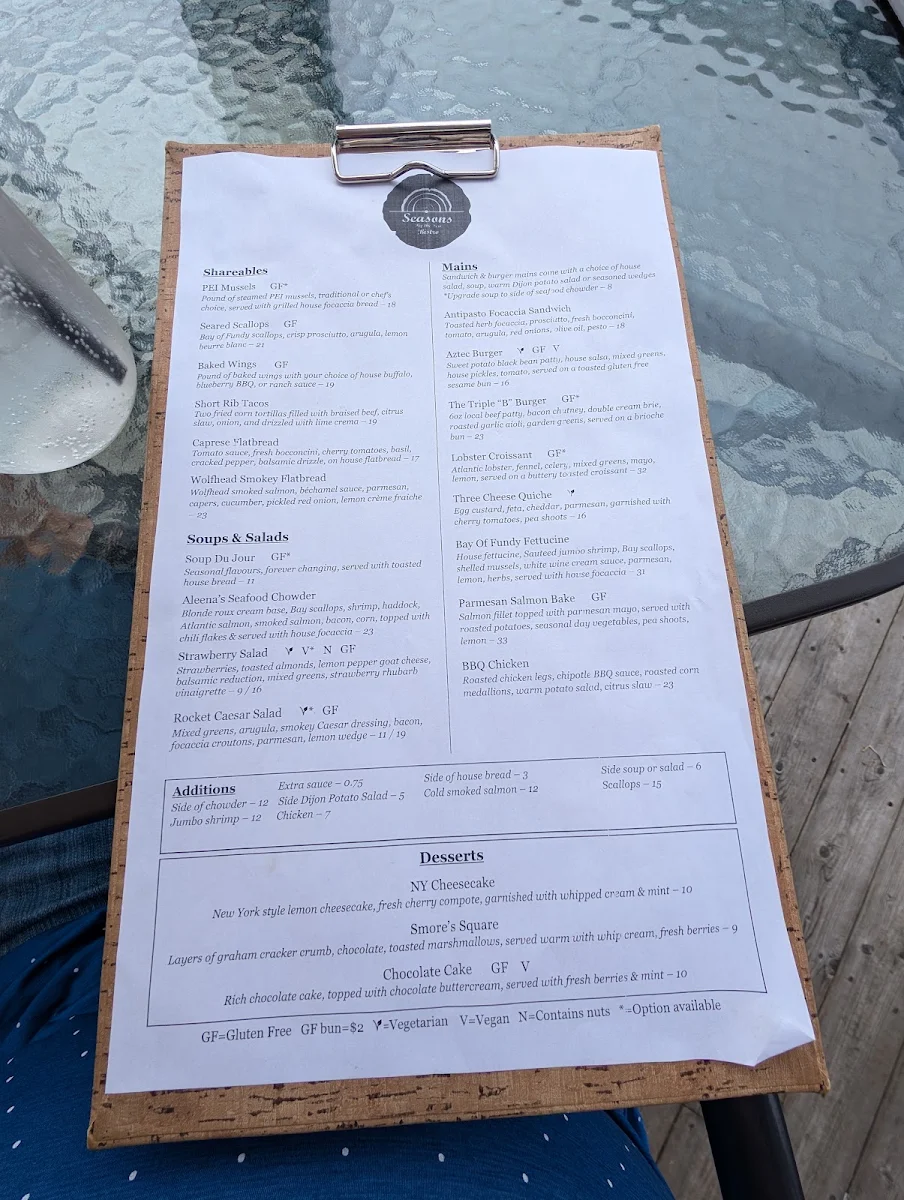 Menu, Seasons By the Sea Bistro