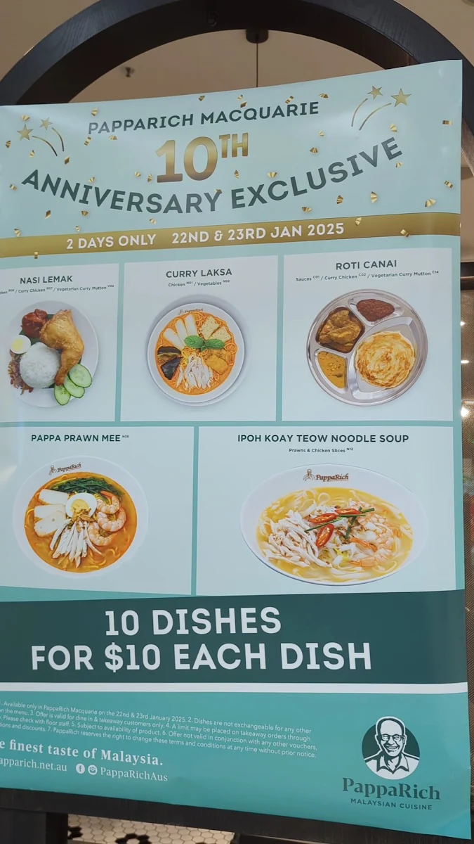 Menu, PappaRich Macquarie