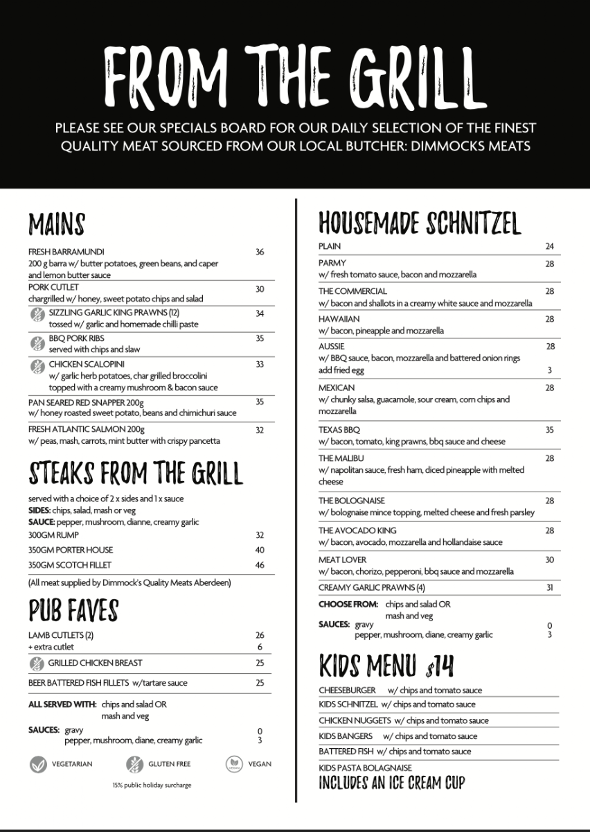 Menu, Commercial Hotel Aberdeen