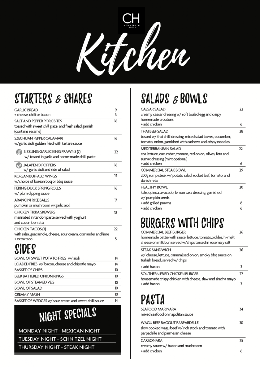 Menu, Commercial Hotel Aberdeen
