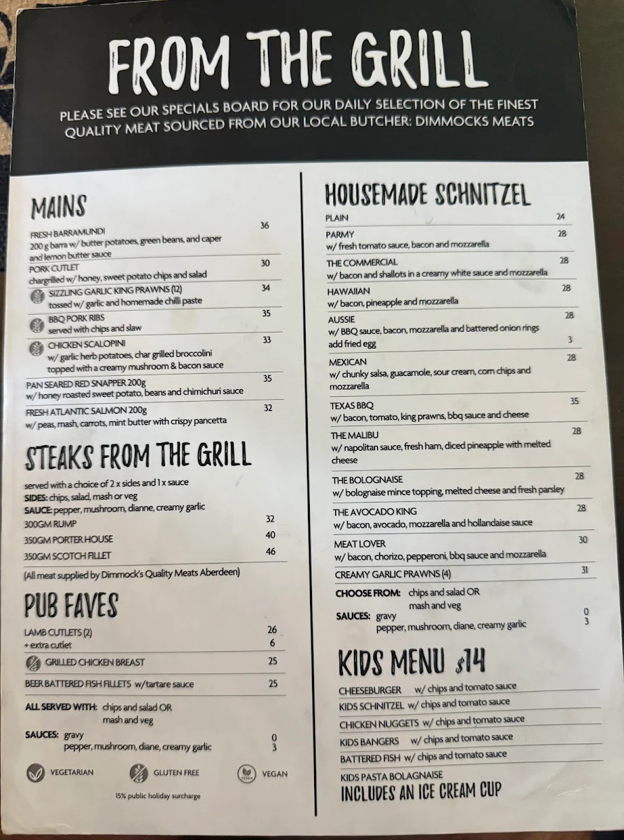 Menu, Commercial Hotel Aberdeen
