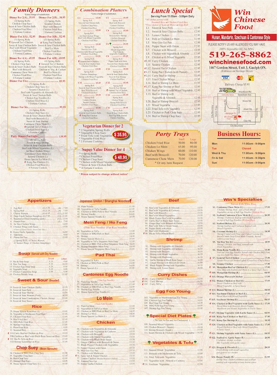 Menu, Win Chinese Food