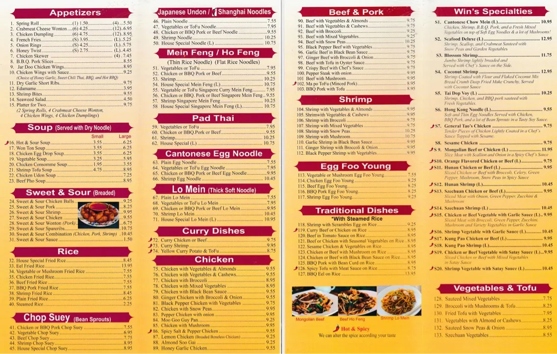 Menu, Win Chinese Food