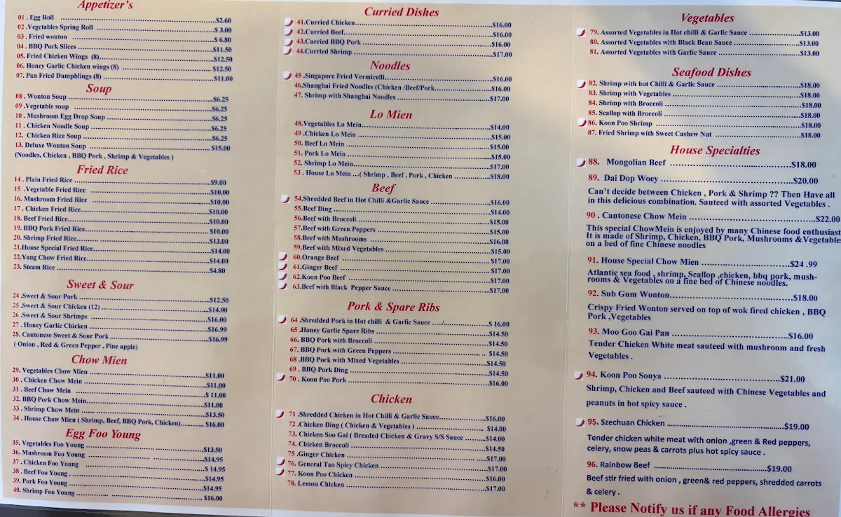 Menu, China Boat