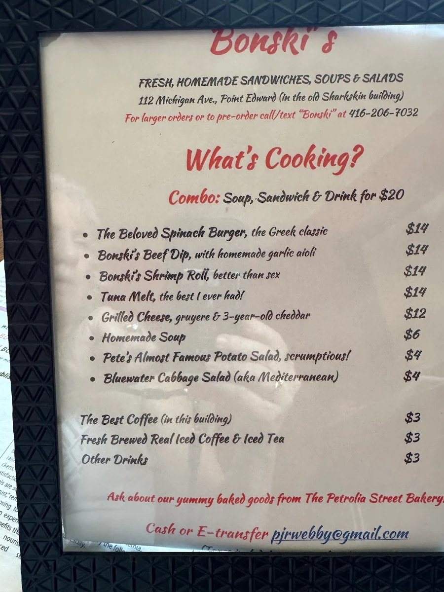 Menu, Bonski’s Cafe