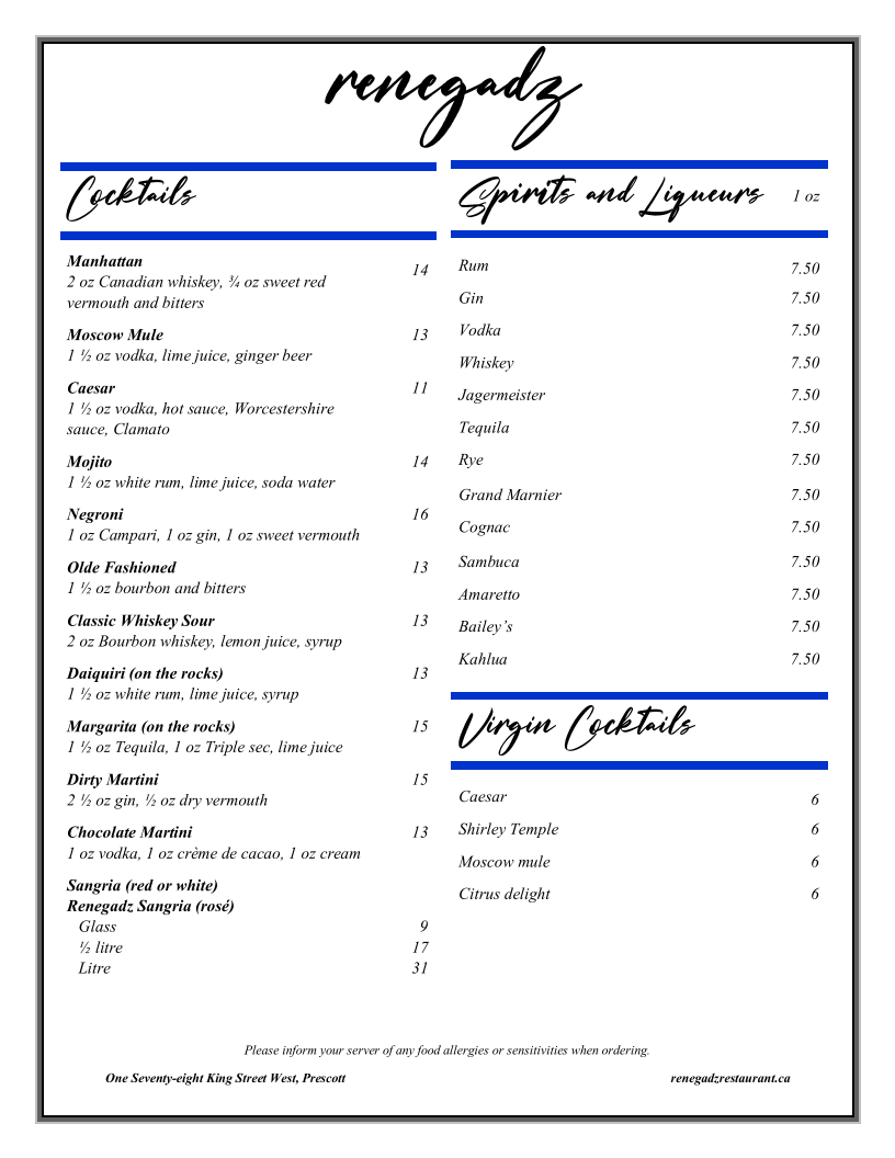 Menu, Renegadz Restaurant and Bar Lounge
