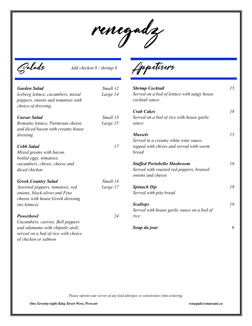 Menu, Renegadz Restaurant and Bar Lounge
