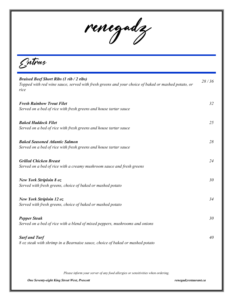 Menu, Renegadz Restaurant and Bar Lounge
