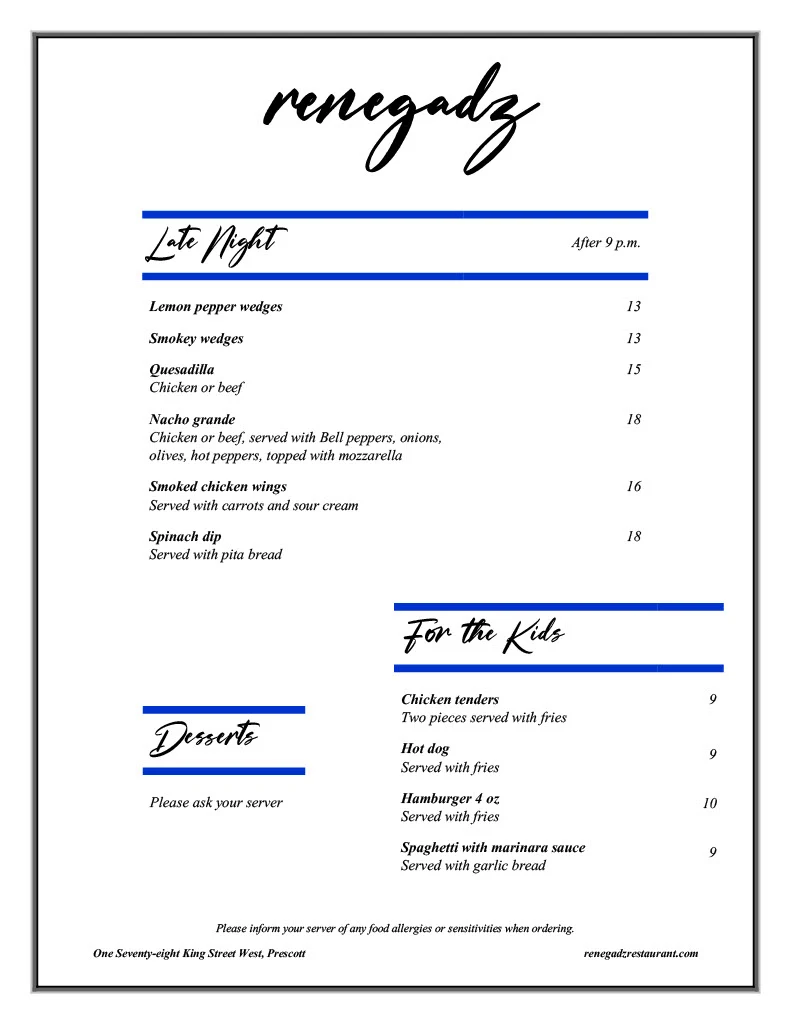 Menu, Renegadz Restaurant and Bar Lounge