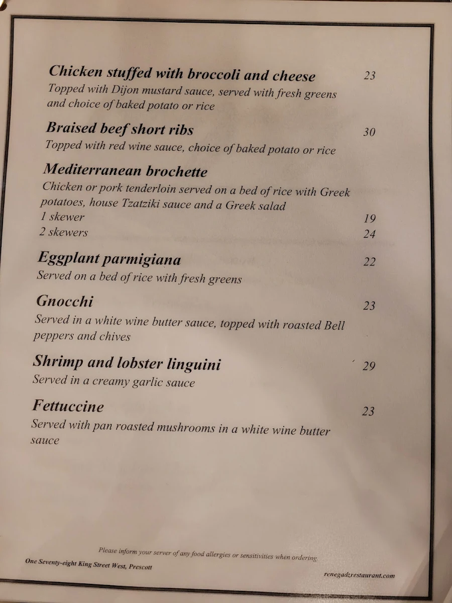 Menu, Renegadz Restaurant and Bar Lounge