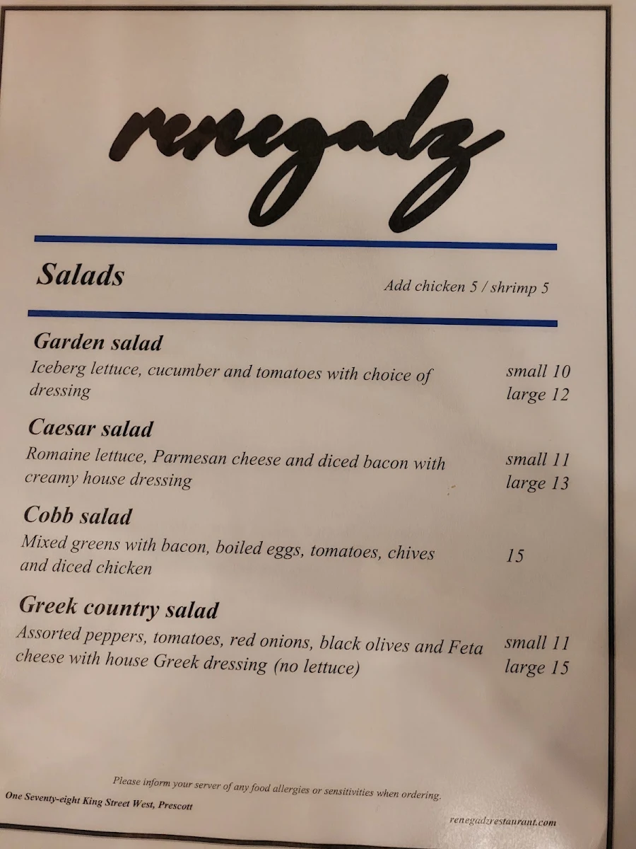 Menu, Renegadz Restaurant and Bar Lounge