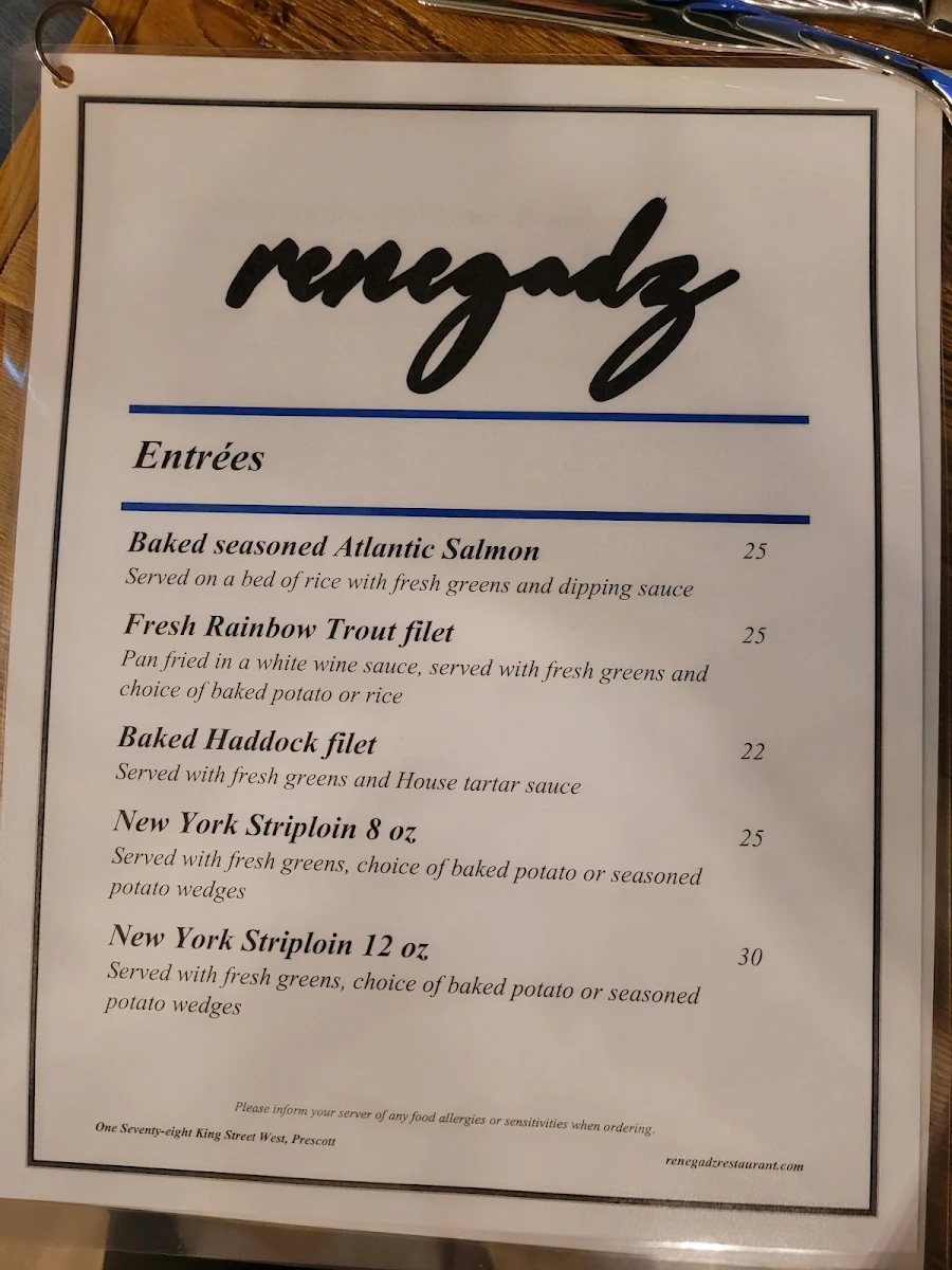 Menu, Renegadz Restaurant and Bar Lounge