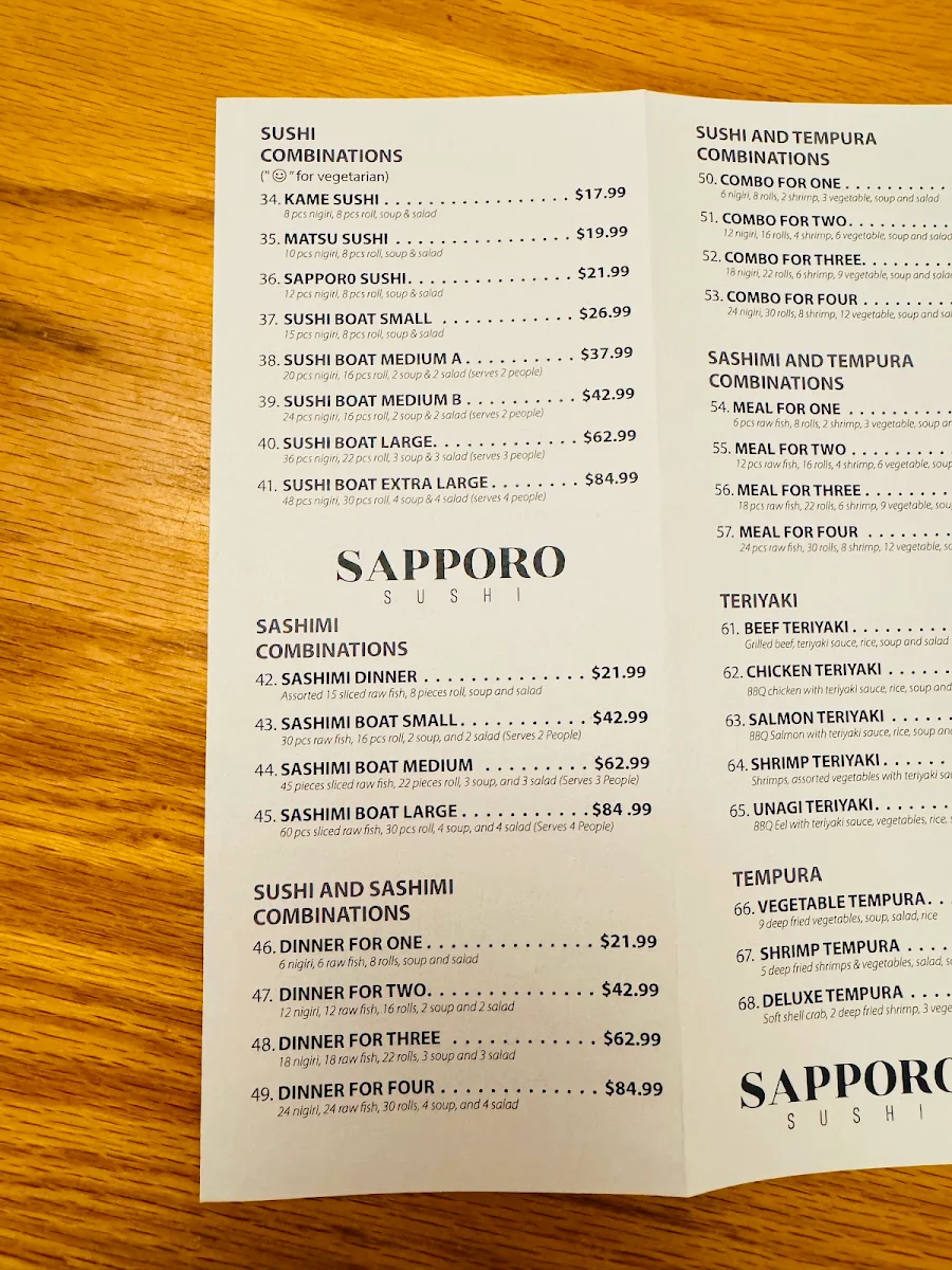 Menu, Sapporo Sushi