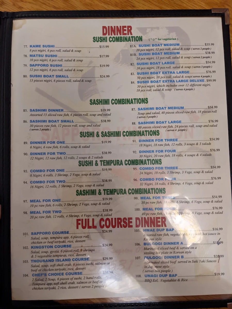 Menu, Sapporo Sushi