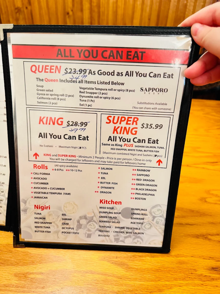 Menu, Sapporo Sushi
