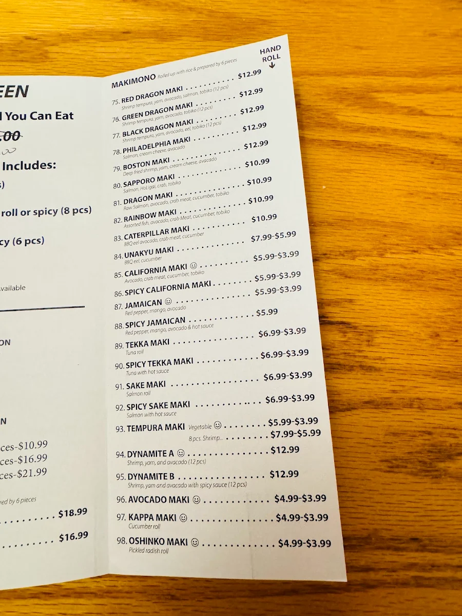 Menu, Sapporo Sushi