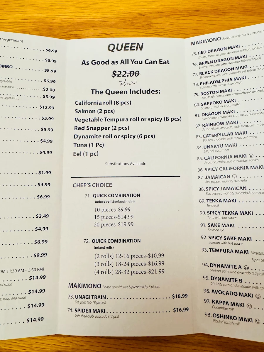 Menu, Sapporo Sushi