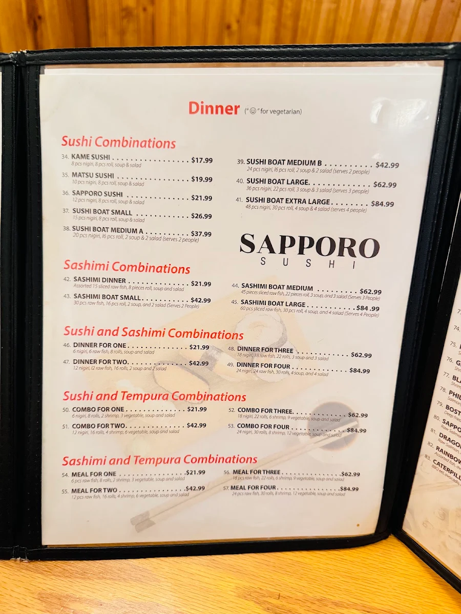 Menu, Sapporo Sushi