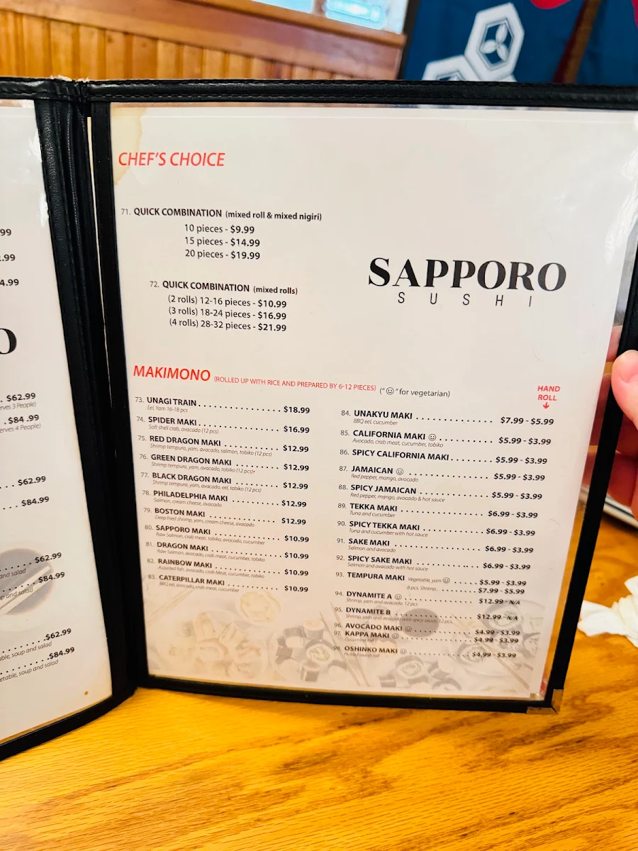 Menu, Sapporo Sushi