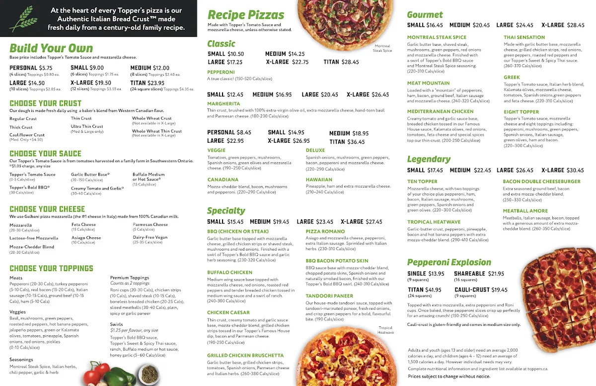 Menu, Topper's Pizza — Stittsville