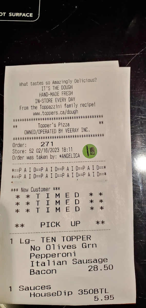 Menu, Topper's Pizza — Stittsville