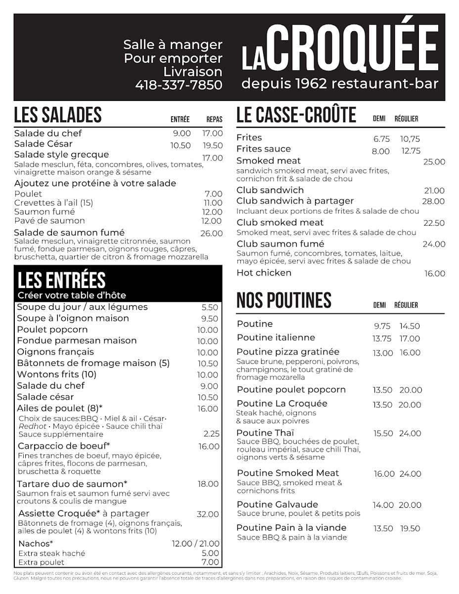 Menu, Restaurant La Croquée