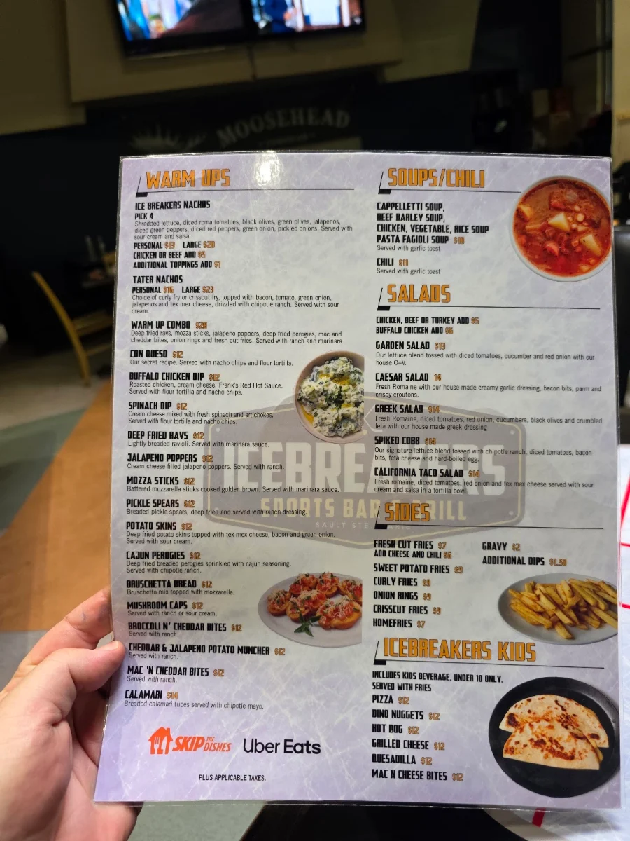 Menu, Icebreakers Sports Bar & Grill