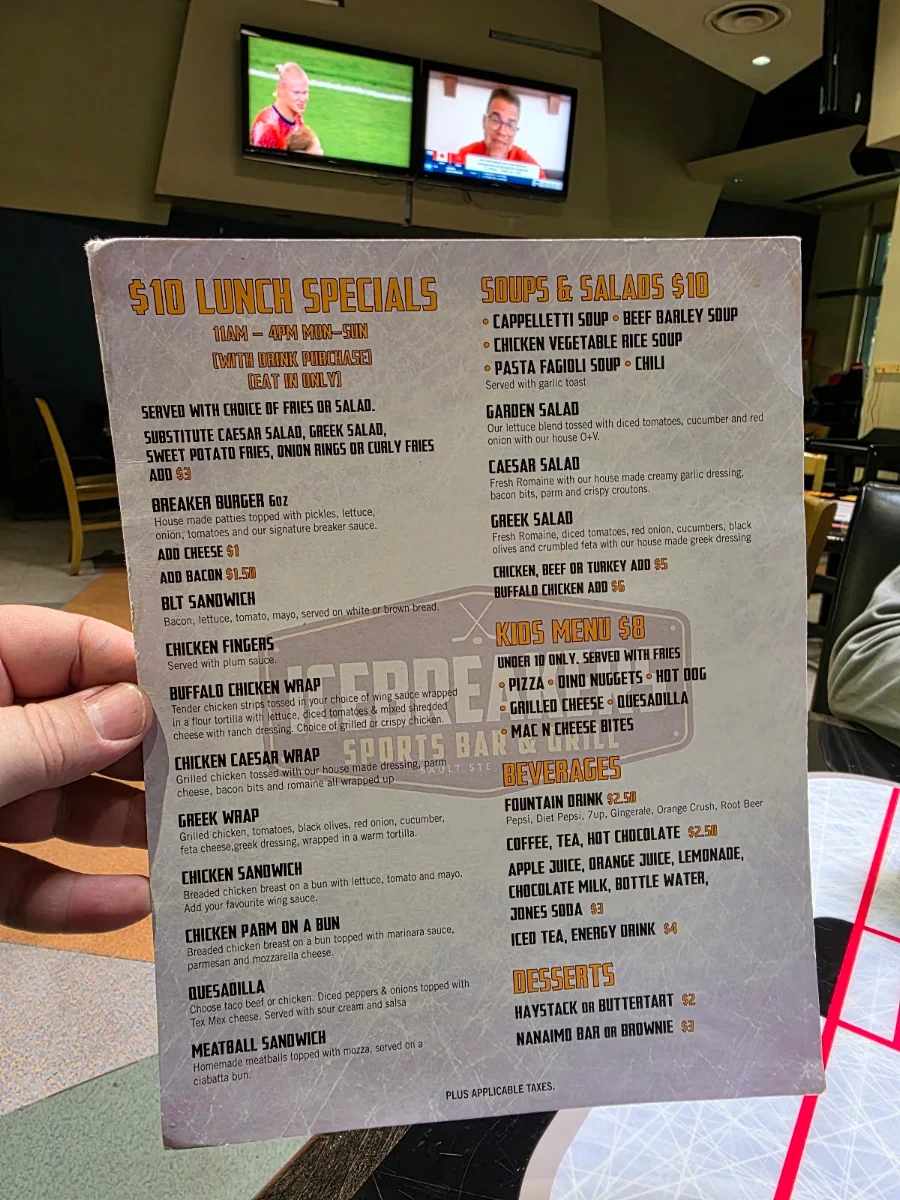 Menu, Icebreakers Sports Bar & Grill