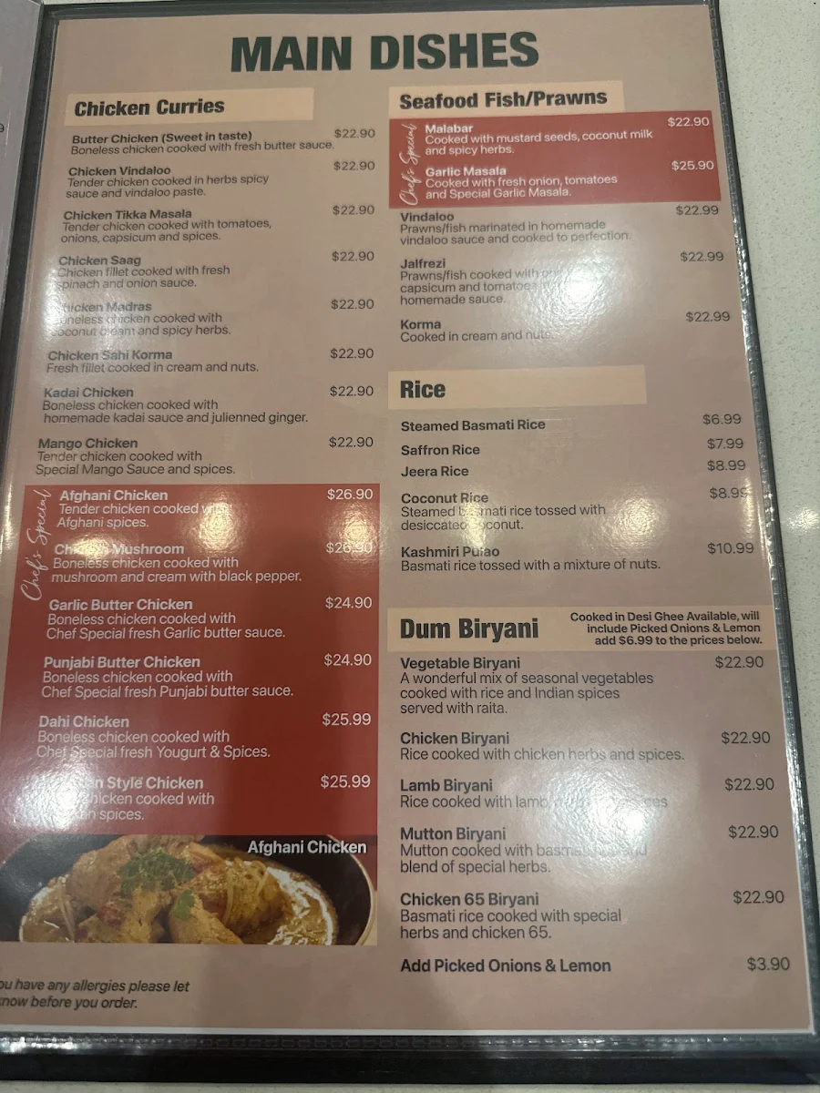 Menu, Tandoor Indian Cuisine