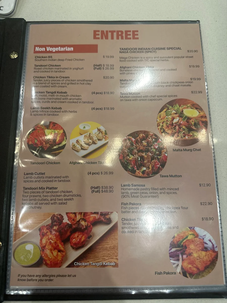 Menu, Tandoor Indian Cuisine