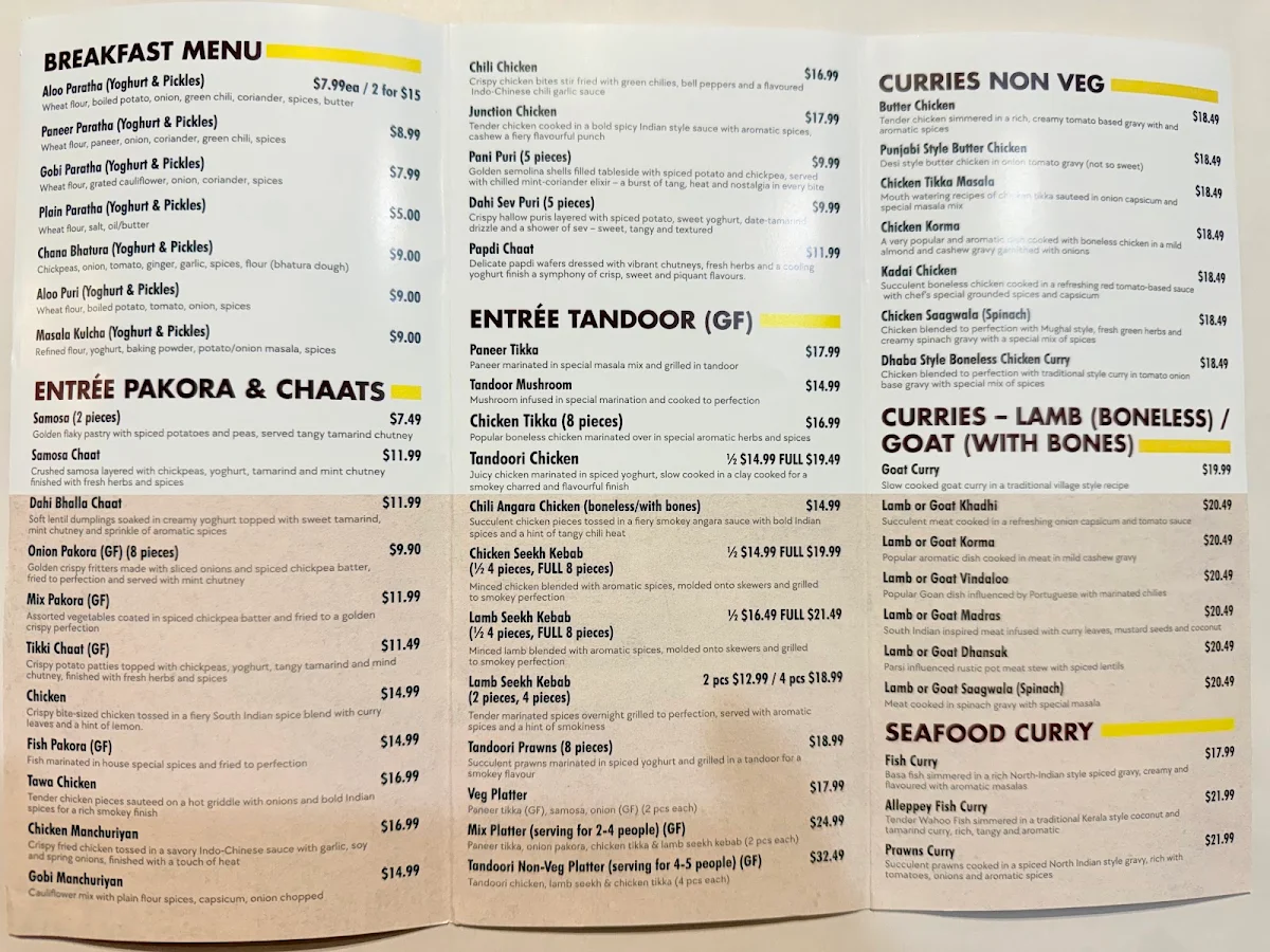Menu, Masala Junction Restaurant