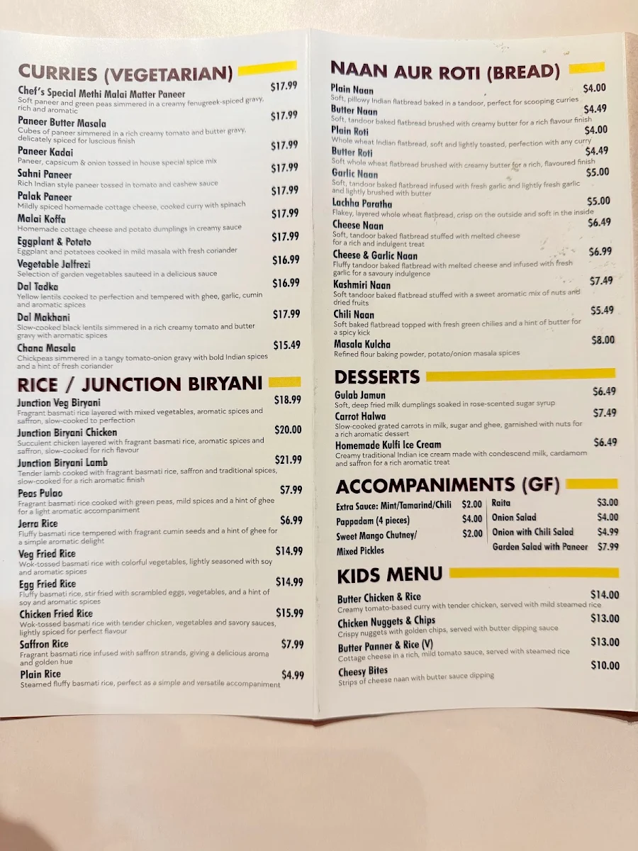 Menu, Masala Junction Restaurant