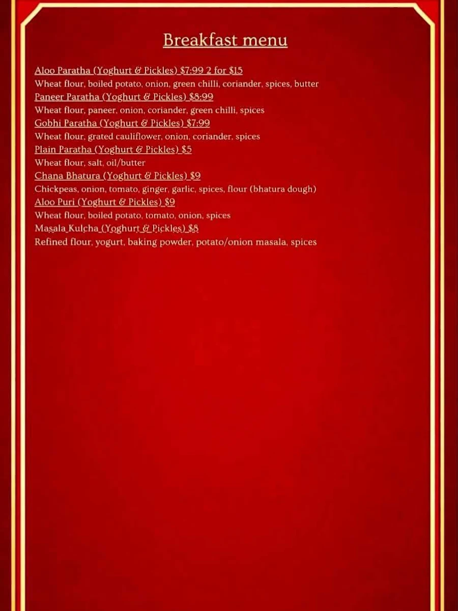Menu, Masala Junction Restaurant