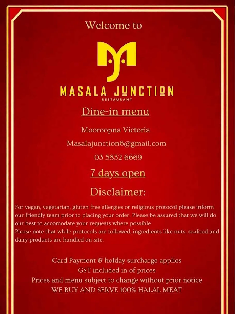 Menu, Masala Junction Restaurant