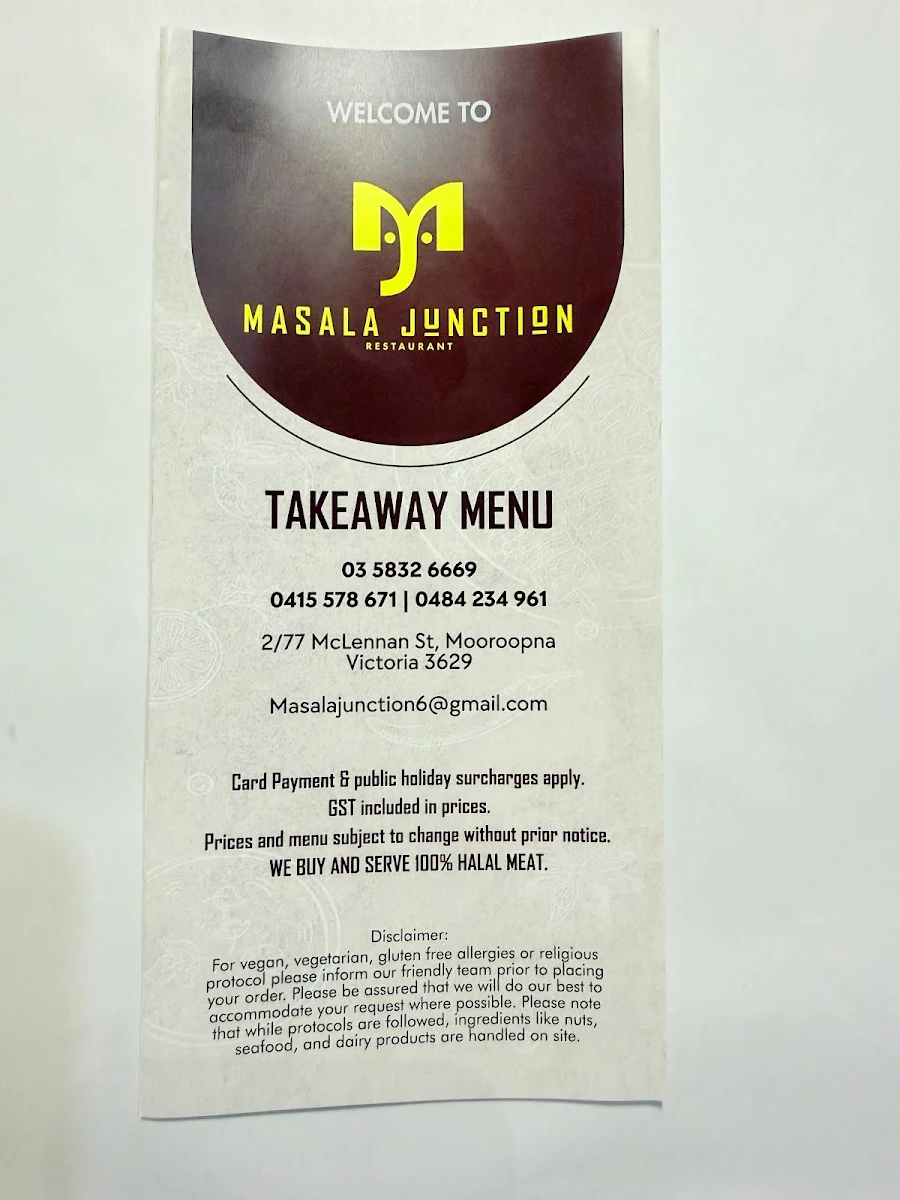 Menu, Masala Junction Restaurant