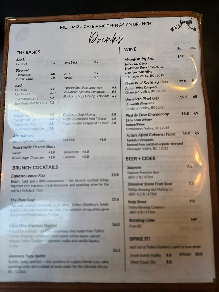 Menu, Mizu Mizu Café