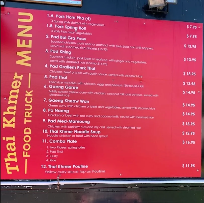 Menu, Thai Khmer Food Truck