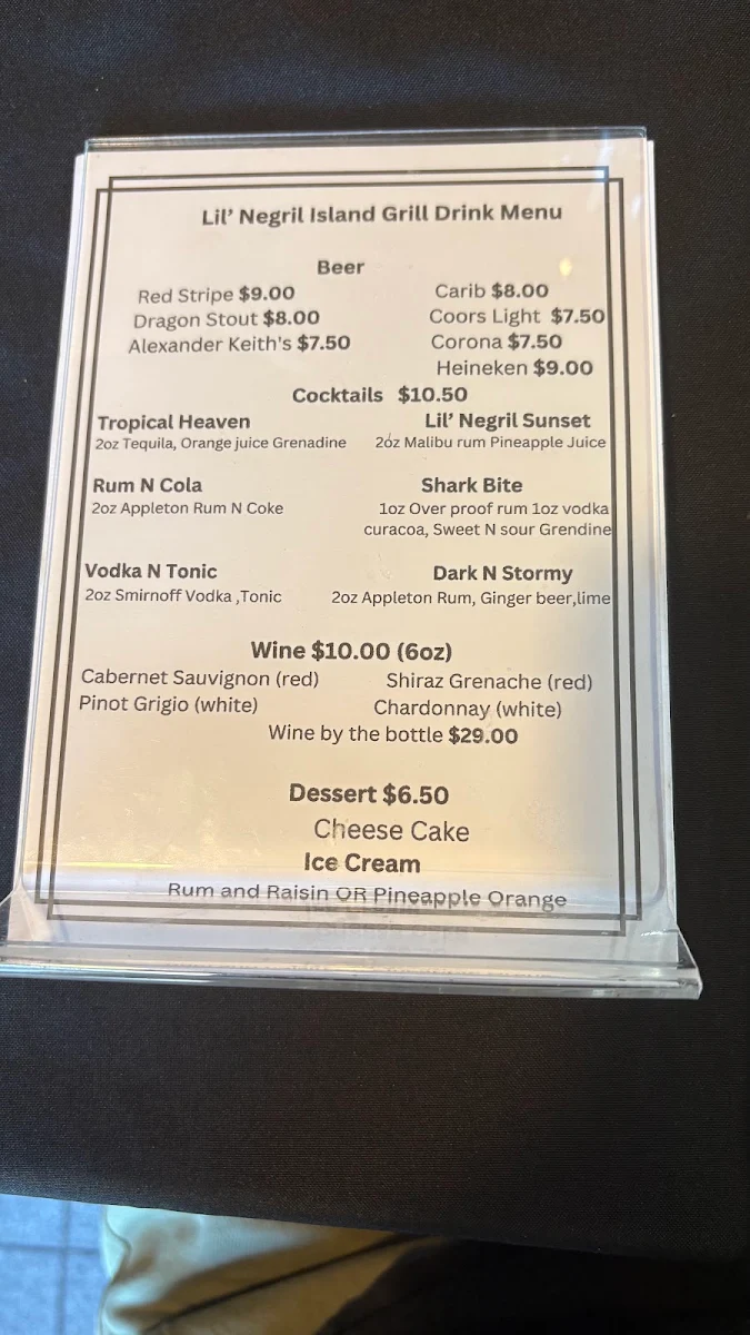 Menu, Lil' Negril Island Grill