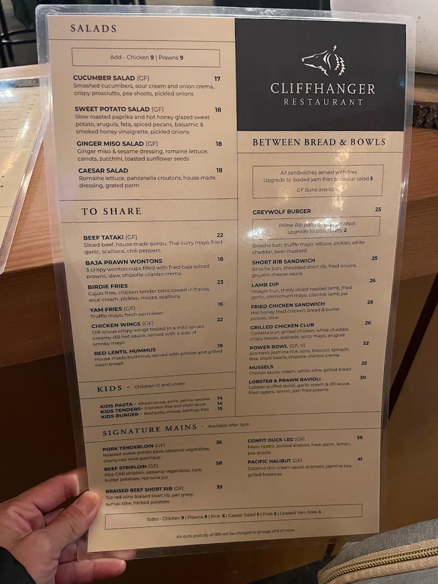 Menu, Cliffhanger Restaurant
