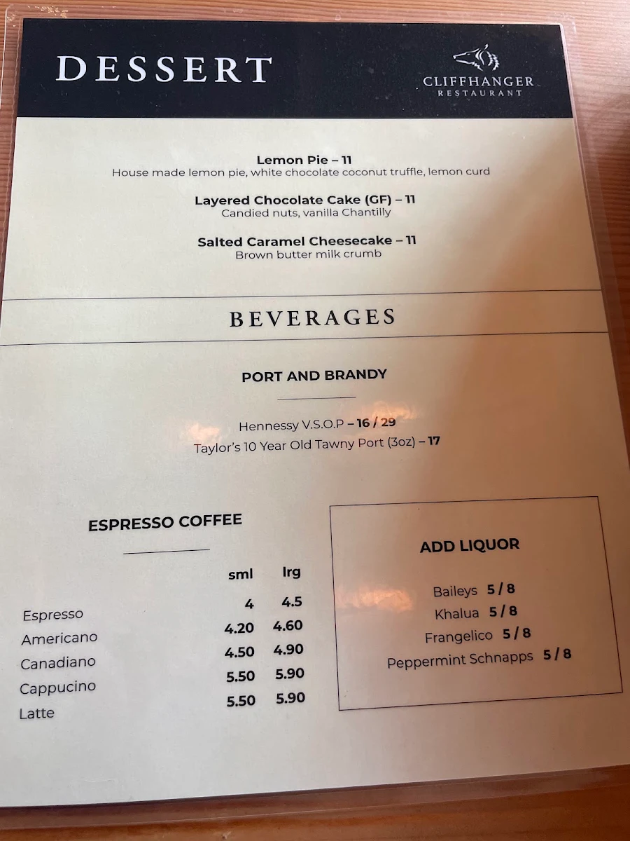 Menu, Cliffhanger Restaurant
