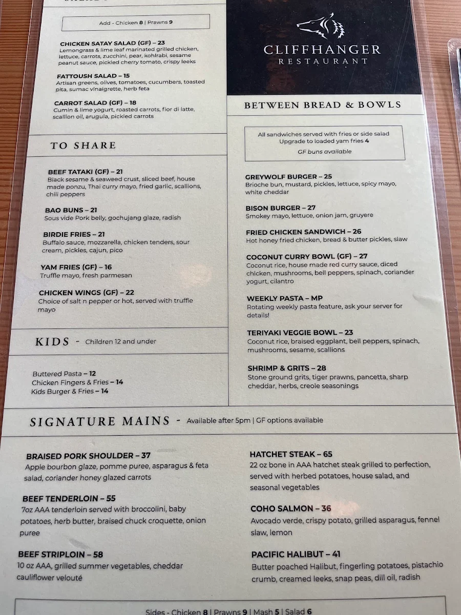 Menu, Cliffhanger Restaurant