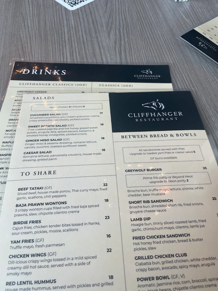 Menu, Cliffhanger Restaurant