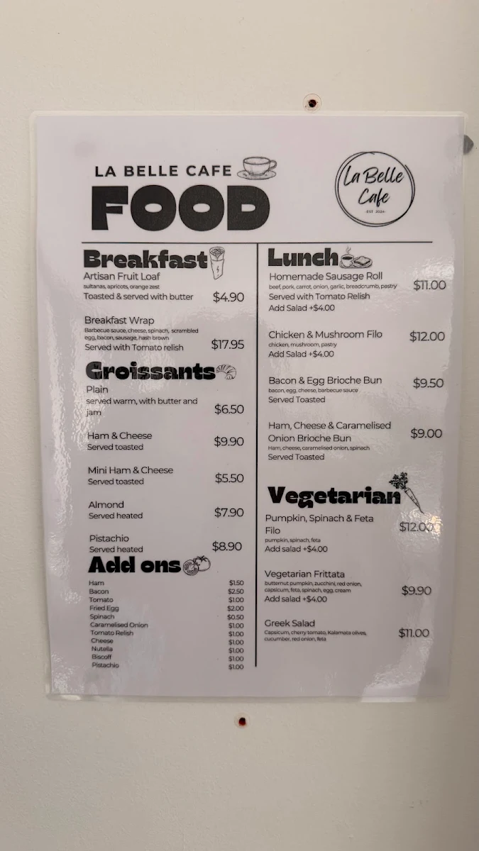 Menu, La Belle Cafe