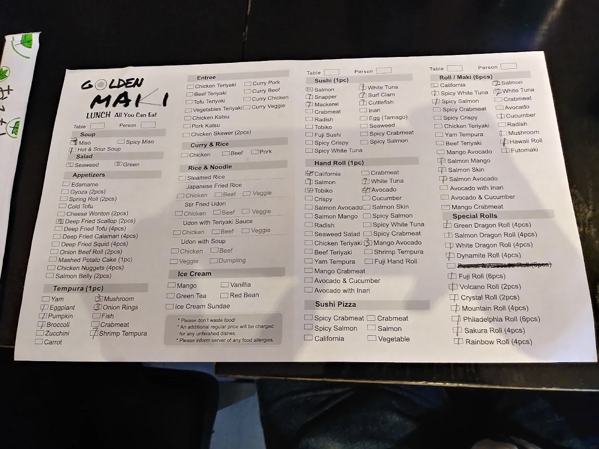 Menu, Golden Maki Japanese Restaurant