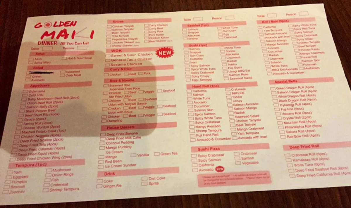 Menu, Golden Maki Japanese Restaurant