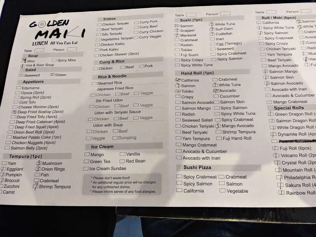 Menu, Golden Maki Japanese Restaurant