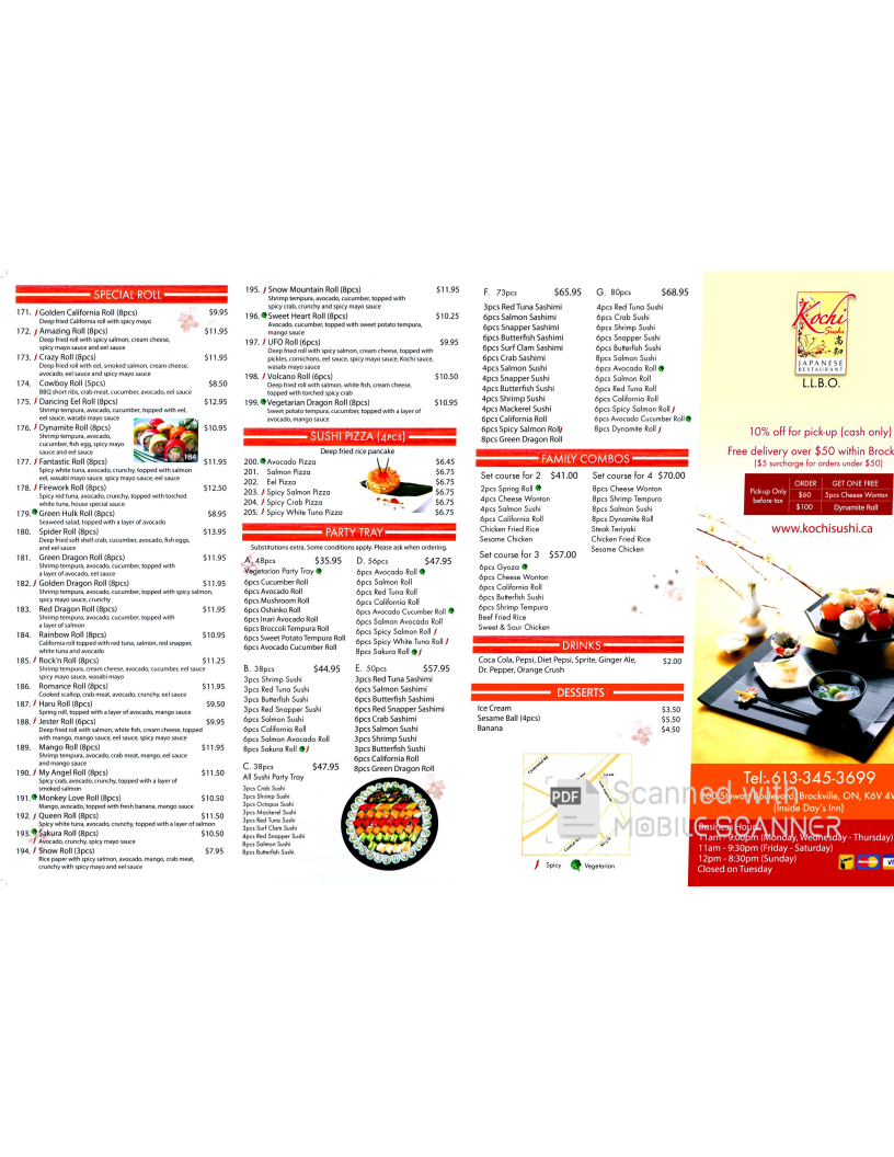 Menu, Kochi Sushi Japanese Restaurant