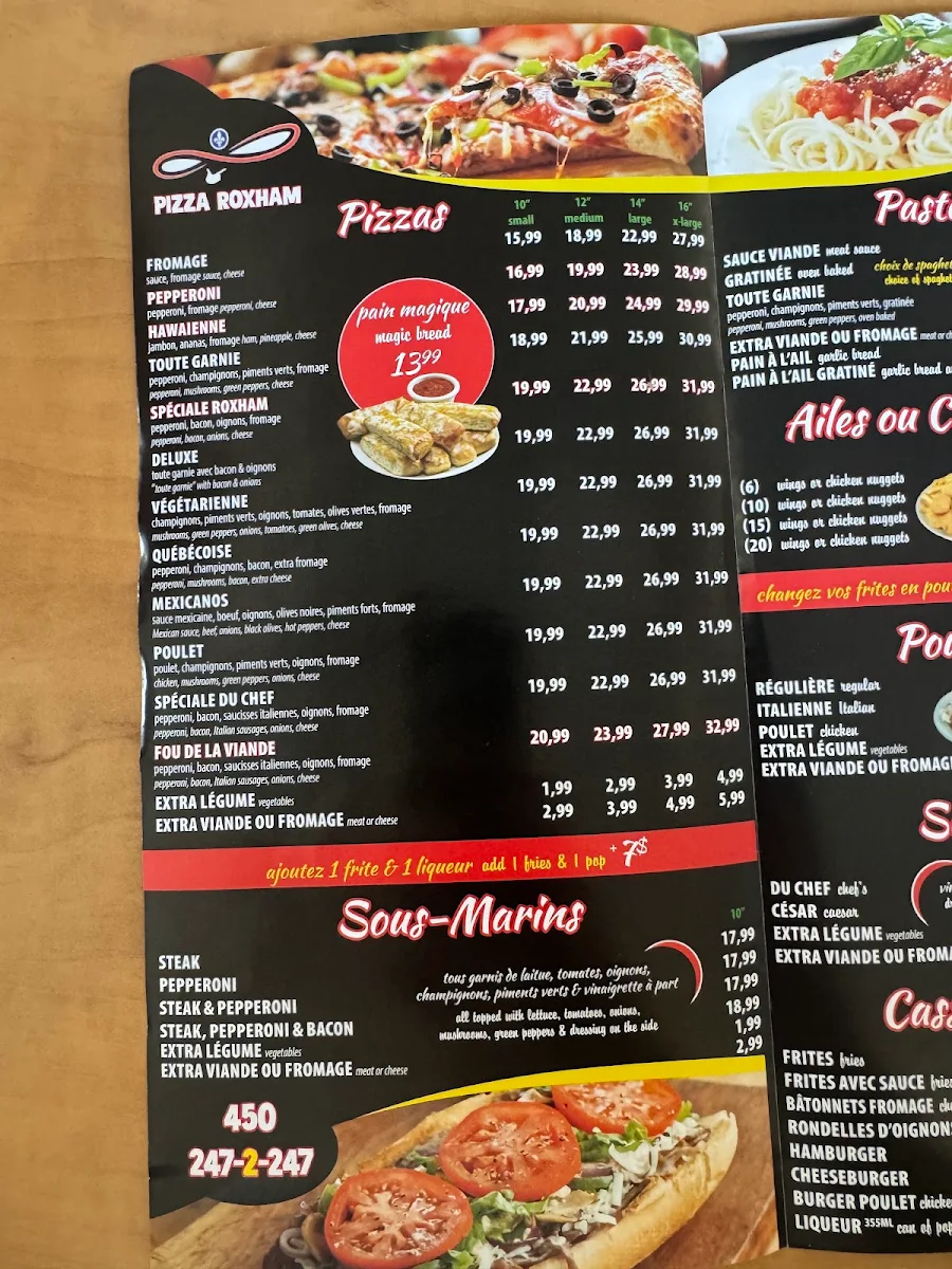 Menu, Resto Pizza Roxham