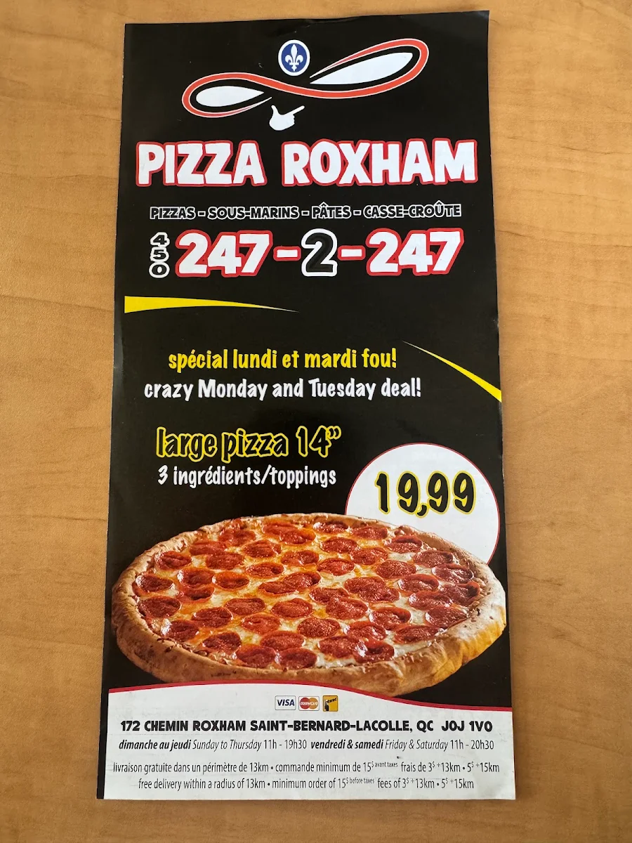 Menu, Resto Pizza Roxham
